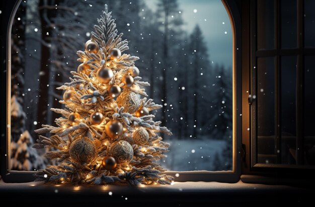 Sneeuw versierde kerstboom achter het raam