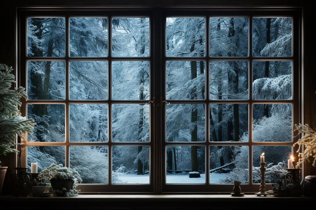 Sneeuw versierde kerstboom achter het raam