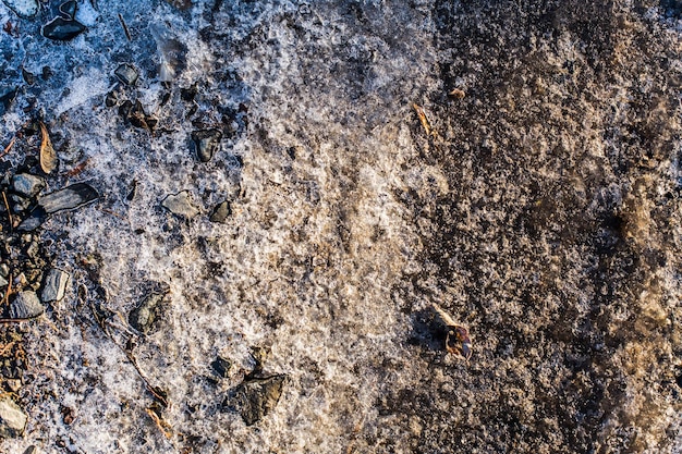 Sneeuwbedekking en ijs op de bevroren grond met stenen en zand sn