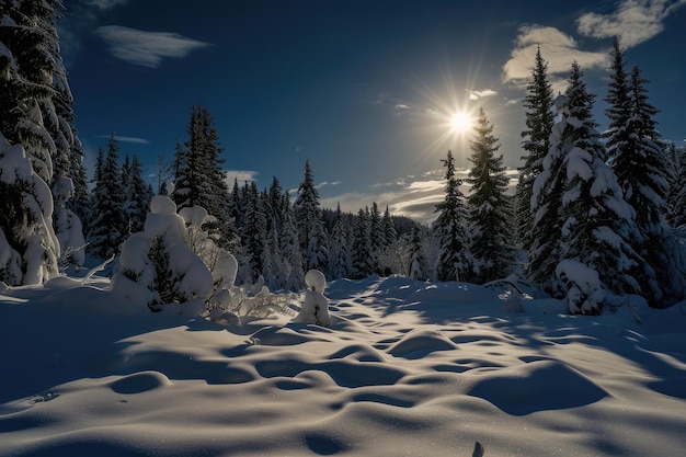 Sneeuwbedekt bos onder een volle maan