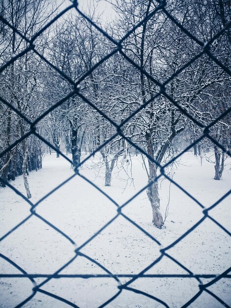 Foto sneeuwbedekt veld gezien door een kettinghek