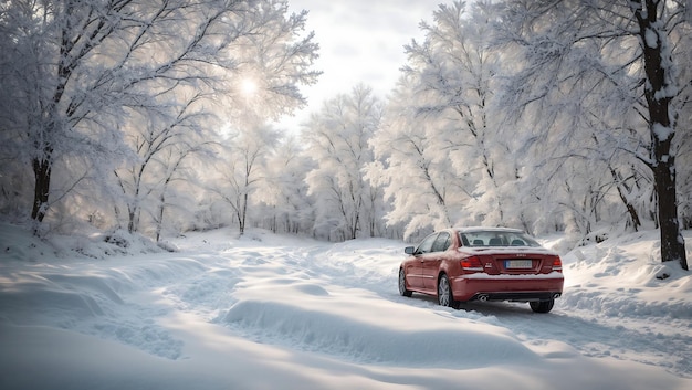 Sneeuwbedekt winterlandschap met zon