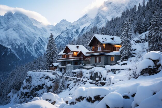 Sneeuwbedekte Alpine Chalets Nestled in een Winter Wonderland Generatieve AI