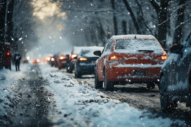 sneeuwbedekte auto's op de weg in sneeuwval in de winter