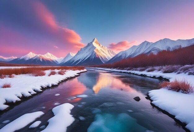 Sneeuwbedekte bergtoppen bij zonsondergang met een gedeeltelijk bevroren rivier op de voorgrond