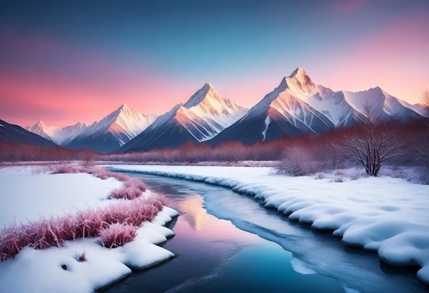 Sneeuwbedekte bergtoppen bij zonsondergang met een gedeeltelijk bevroren rivier op de voorgrond