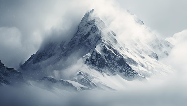 Sneeuwbedekte bergtoppen in de wolken