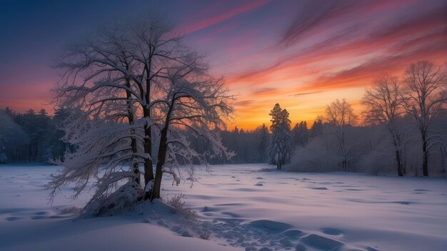 Sneeuwbedekte boom in een winter zonsondergang landschap