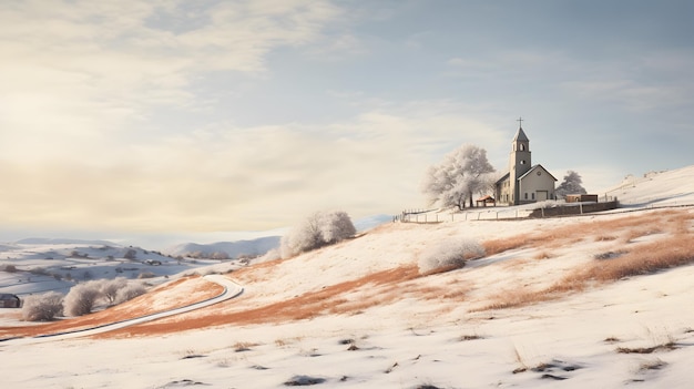 Sneeuwbedekte heuvel met kerk en bomen op de achtergrond