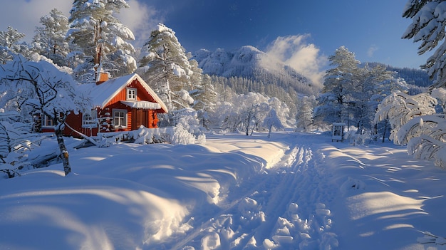 Sneeuwbedekte hut omringd door een winter wonderland