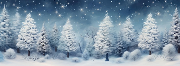Sneeuwbedekte kerstbomen met vallende sneeuw in tinten van wit en hemelblauw Generatieve AI