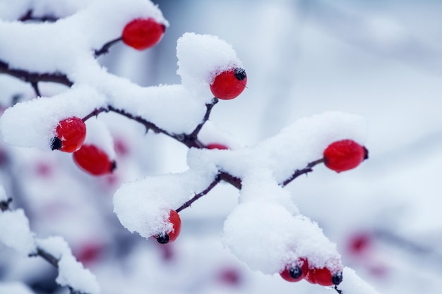 Sneeuwbedekte rode rozenbottelbessen op een struik in de winter op een onscherpe achtergrond