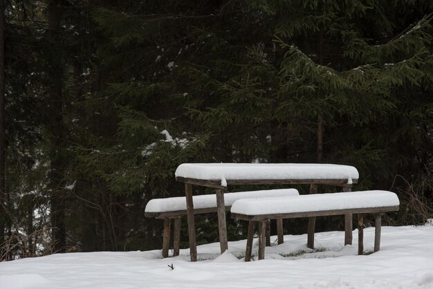 Sneeuwbedekte rustplaats met tafel en banken in de open lucht