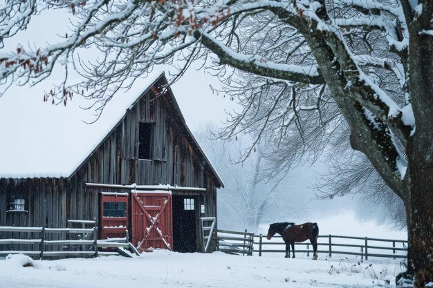 sneeuwbedekte schuur met een paard