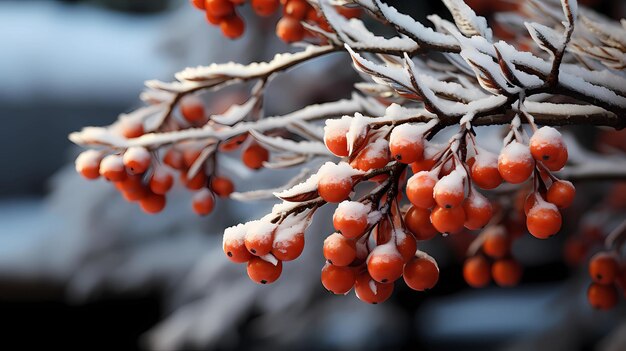 Sneeuwbedekte tak met rode bessen Kerstkaart Nieuwjaarsvakantie