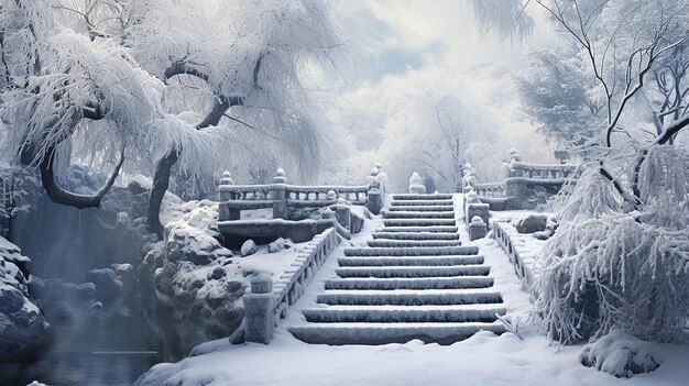 Sneeuwbedekte trappen tussen bomen