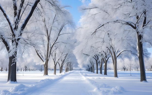 Sneeuwbedekte weg omringd door bomen aan beide zijden Winter en vakantie concept