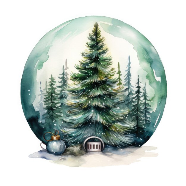 Sneeuwbol kerstboom Aquarel illustratie voor een postkaart Aquarel Generatieve AI
