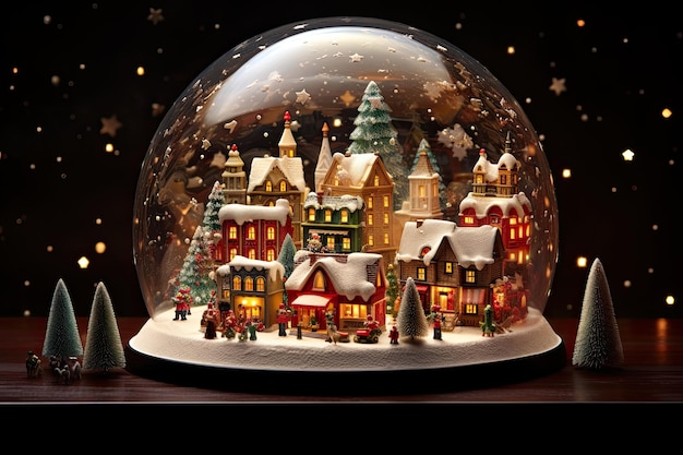 Sneeuwbol met miniatuurhuizen en de Kerstman Kerstmis en Nieuwjaar concept AI gegenereerd