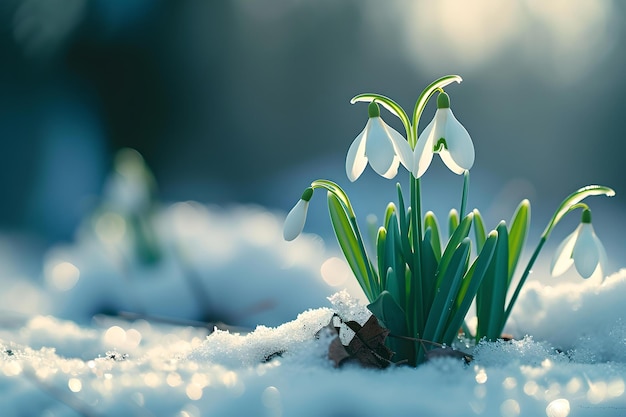 Sneeuwdruppels die in het vroege voorjaar uit de sneeuw komen, delicate witte bloemen betekenen vernieuwing en groei, de natuur ontwaakt, AI.