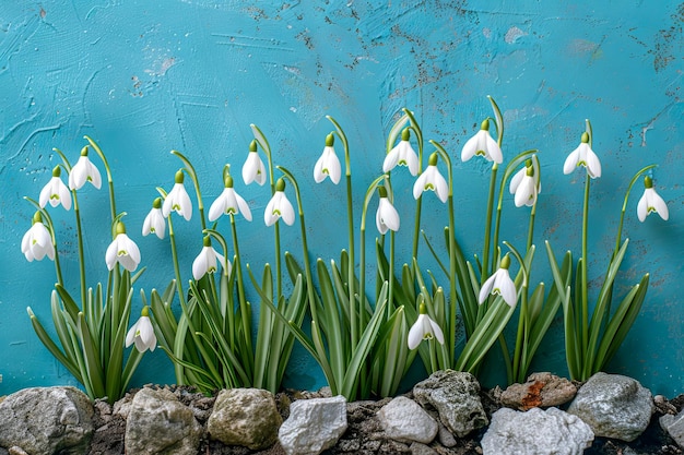 Sneeuwdruppels op blauwe achtergrond