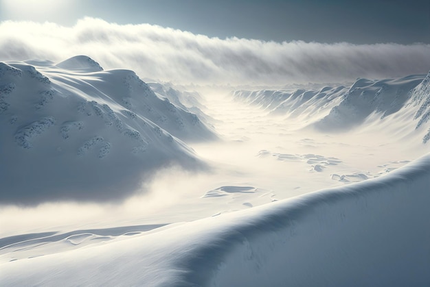 Sneeuwduinenpanorama tijdens sneeuwstorm Wit en leeg bevroren schilderachtig denkbeeldig landschap Generatieve AI