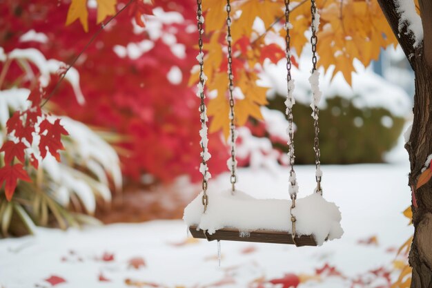 Foto sneeuwgevulde boom schommel met een achtergrond van rode en gouden bladeren