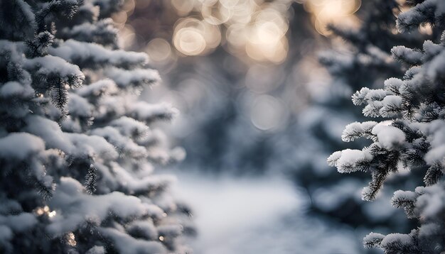 Sneeuwige dennen op de achtergrond