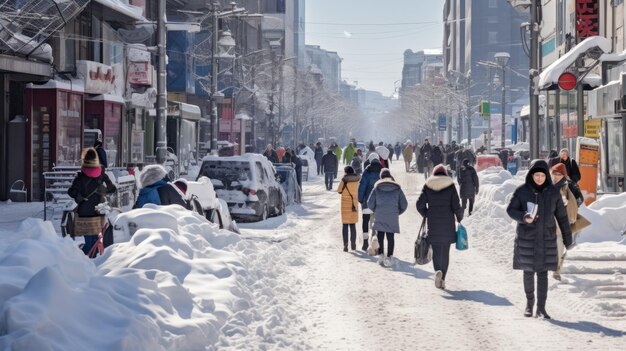 Sneeuwige middag in stedelijke gebieden vol met mensen