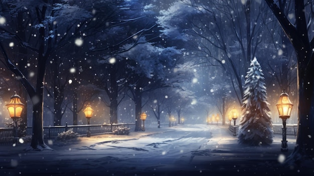Foto sneeuwige scène met fonkelende lichten