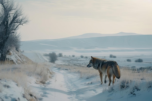 Sneeuwlandschap met wolf die door de sneeuw loopt en stopt om achterom te kijken