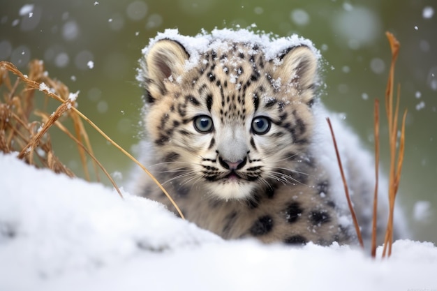 Foto sneeuwleopardjong speelt in de sneeuw