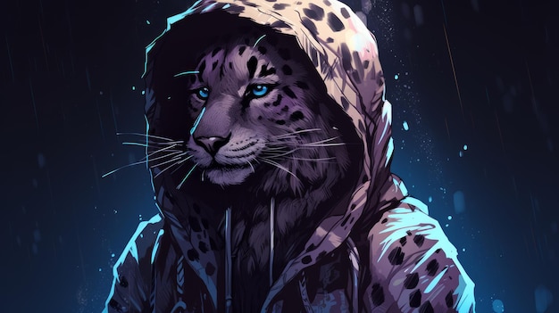 Sneeuwluipaard in Cyberpunk-hoodie van grafisch ontwerper Gilbert