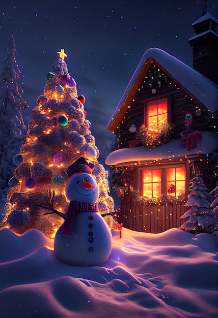Sneeuwman die zich voor een kerstboom generatieve ai bevindt