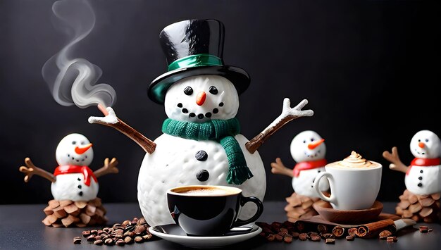 Sneeuwman geniet van aromatische ochtendkoffie op een zwarte achtergrond
