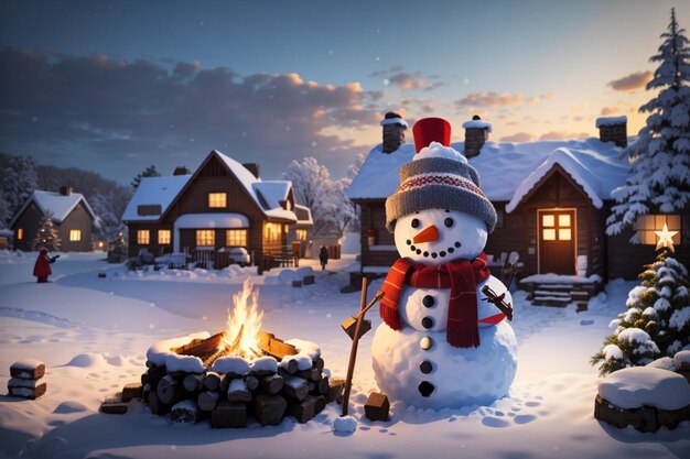 Foto sneeuwman in de winter atmosfeer met vreugdevuur decoratie ai gegenereerd