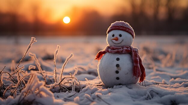 sneeuwman in de winter kerst scène met sneeuw dennenbomen en warm licht