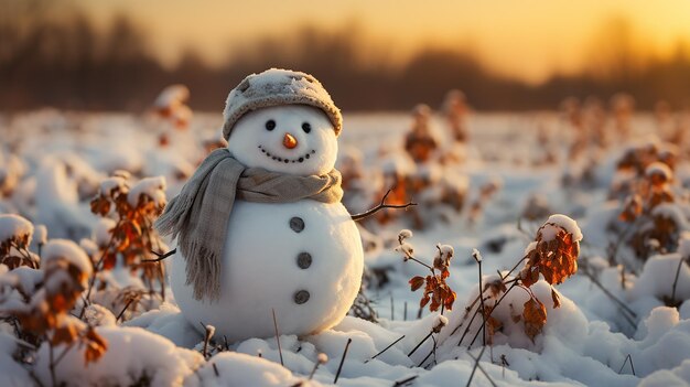 sneeuwman in de winter kerst scène met sneeuw dennenbomen en warm licht