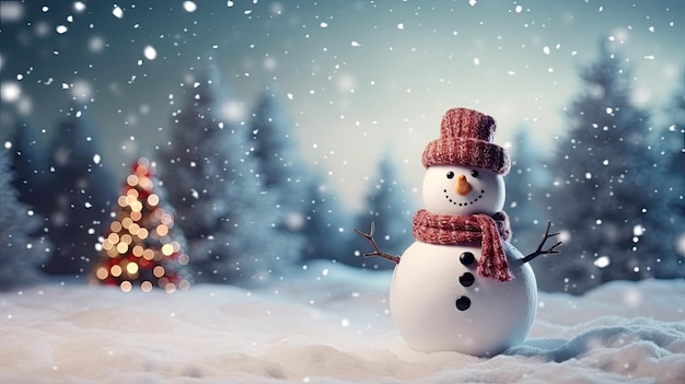Sneeuwman in het winterbos achtergrond van kerst- en nieuwjaarsvakanties