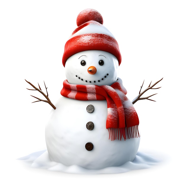 Sneeuwman Kerstmis met rode sjaal en hoed geïsoleerd op witte achtergrond