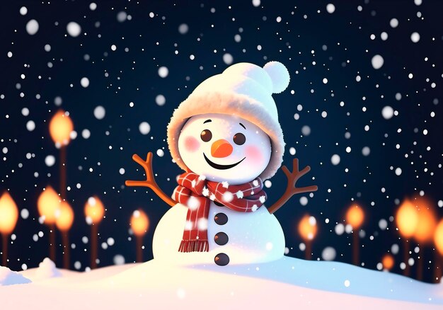 Sneeuwman met bokeh-verlichting op de achtergrond kerstkaart