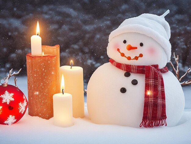 Sneeuwman met kaarsen en kerstballen op sneeuw kerst achtergrond