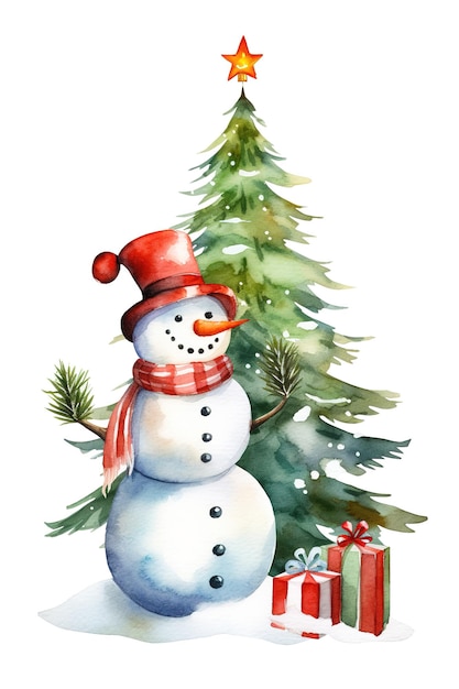 Sneeuwman met kerstboom ornament aquarel vector illustratie