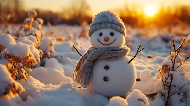 Foto sneeuwman op oranje zonsondergang achtergrond