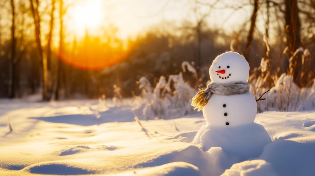 Sneeuwman staat midden in een besneeuwd veld bij zonsondergang Generatieve AI
