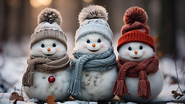 Sneeuwmannen in hoeden en sjaals in de sneeuw op een besneeuwde achtergrond met een prachtig bokeh-effect genereren ai