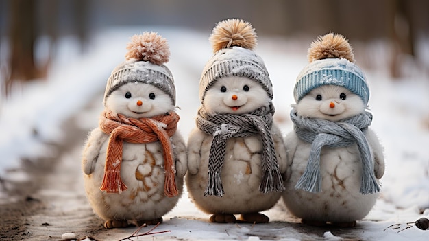 Foto sneeuwmannen in hoeden en sjaals in de sneeuw op een besneeuwde achtergrond met een prachtig bokeh-effect genereren ai