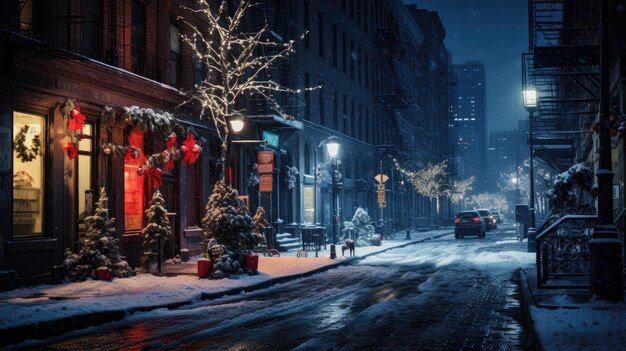 Sneeuwnacht in de stad betoverende winter schoonheid van stedelijke landschappen onder een deken van sneeuw