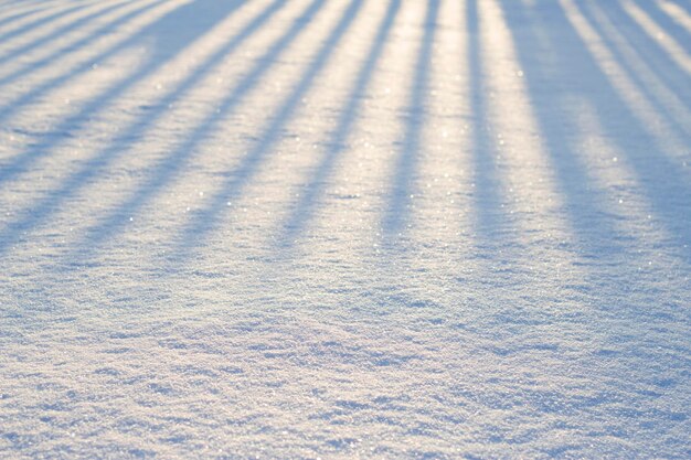 sneeuwoppervlak met avondschaduwen van het hek in het winterlandschap