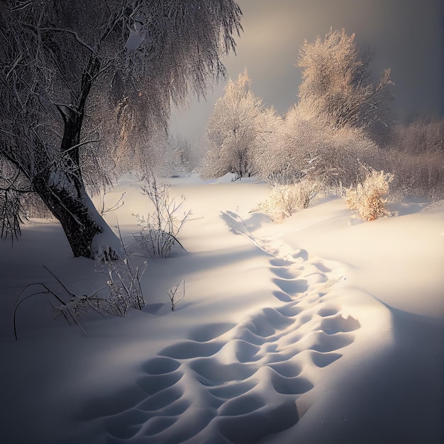 sneeuwpad in het midden van een veld met bomen en struiken generatieve ai